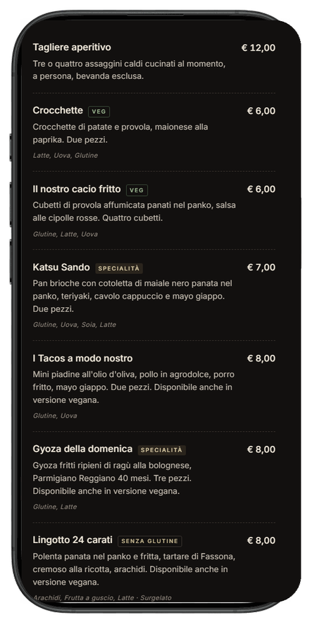 Menu digitale RAD LAB su iPhone — pizzeria Quarantotto, sezione antipastini